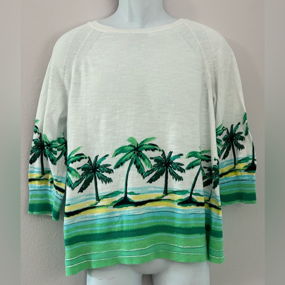 TALBOTS White w/ Green Palm Trees 3/4 Sleeve Leather Cotton Jersey Size L